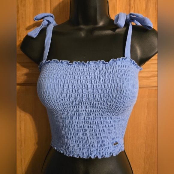 Hollister Sky Blue Smocked Cropped Tank with Tie Straps Concert Festival Coastal - Picture 2 of 7